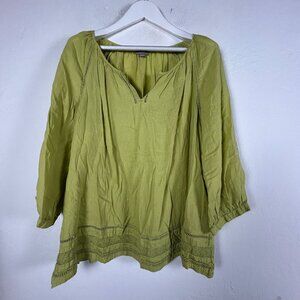J. Jill Womens Lime Green Linen Blend Popover Top XL Split Neck Lace Trim Boho